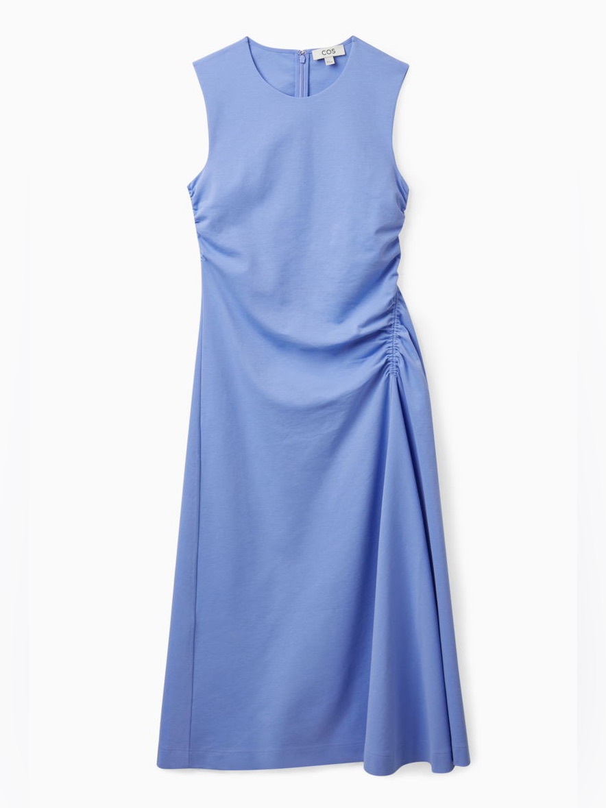 Cos Gathered Midi Dress Light Blue Large Asymmetrical Ruched Gathered